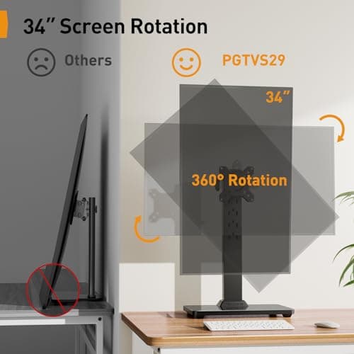 Perlegear Monitor Stand, Freestanding Monitor Mount for 13-34 inch Screens with 360 Degree Rotation, 5 Height Settings, Adjustable Desk Riser with Swivel and Tilt, Max VESA 100x100mm, PGTVS29 6