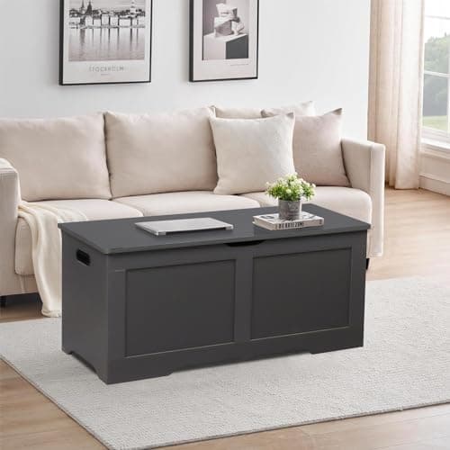 Timberer 39.4" Storage Chest, Wooden Storage Bench, Large Storage Trunk with 2 Safety Hinges, Entryway Shoes Bench for Living Room, Bedroom, Dark Gray 9