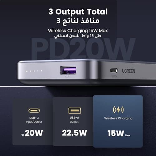 UGREEN Wireless Magnetic External Battery 10000mAh USB C USB A Fast Charge PD QC 3.0 20W Power Bank Induction Qi 15W Max Compatible with iPhone 15 Plus Pro Max iPhone 14 13 12 Pro Max MagSafe 3