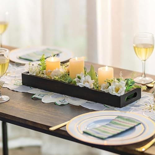 Hanobe Rectangular Long Narrow Tray: Rustic Wooden Decorative Serving Centerpiece Decor Rectangle with Cutout Handles Candle Holder Trays for Home Coffee Table Living Room Bathroom, Black Brown