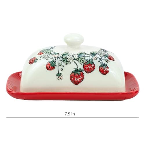 Bicuzat Ceramic Butter Dish with Lid Butter Keeper Butter Plate Tray for Kitchen Countertop Embossed Strawberry Pattern Butter Crock Keeper Saver 2