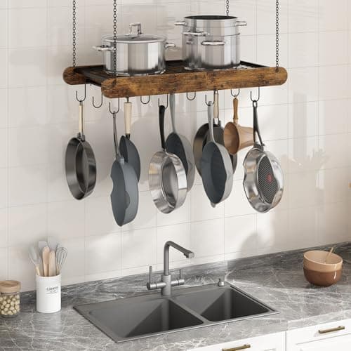 GILLAS Pot Racks Hanging Ceiling Mount, Pot and Pan Hanging Rack with 12 S-shaped Hooks, Ceiling Storage Mounted Pot Holder for Pan, Pan Hanging Rack Ceiling Mount for Organize Kitchen, Space Saver 6