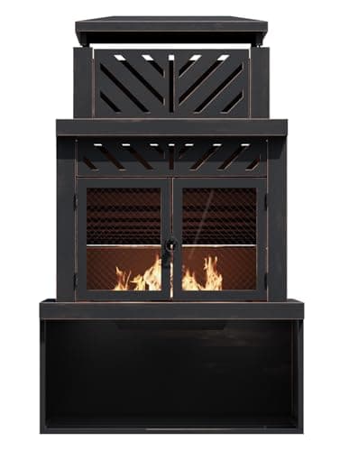 Outdoor Fireplace with Chimney and Wood Storage, Metal Wood Burning Fire Pit with Heat Resistant Gloves, Fire Poker and Grill Mesh, Outside Fireplace for Patio, Garden and Deck, Black 8