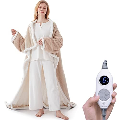 Westinghouse Electric Snuggle Throw Blankets with Foot Pocket, Wearable Heated Throw with Sleeves, 6 Heating Levels & 2 to 10 Hours Heating Time Settings, 50 * 70"+18", Beige