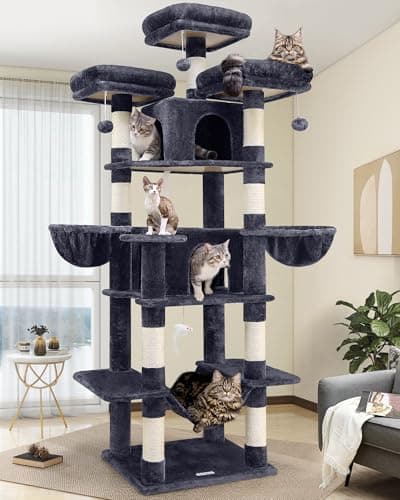 Globlazer Big Cat Tower for Indoor Cats, 80inch Cat Tower for Multiple Adult Cats XXL Cat Tree with Scratching Post, Hammock, 3 Perches, 2 Condos, 2 Hanging Basket, F80, Dark Grey