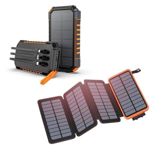 Hiluckey Power Bank Solar Charger 27000mAh Built in 3 Cables Five Outputs 15W Fast Charging Power Bank with 4 Solar Panels ompatible with Smartphones, Tablets, etc.