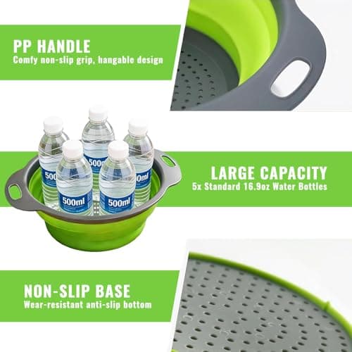Collapsible Colander Set of 2, Folding Kitchen Strainers with Handles, Space-Saving Over-the-Sink Drainers for Pasta, Veggies & Fruit, BPA-Free, Dishwasher Safe, RV & Camping (Green) 5