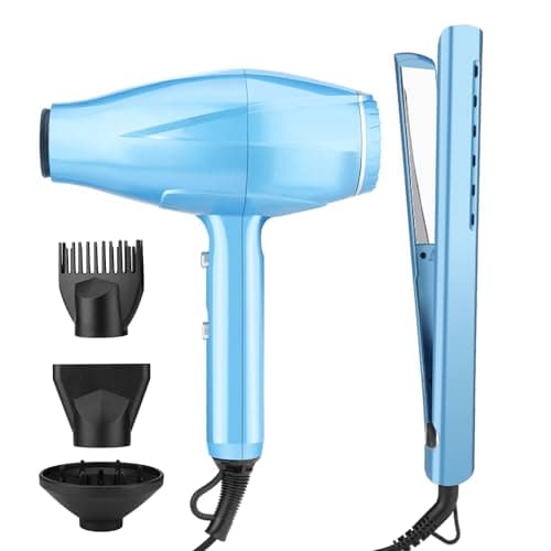 Flat Iron and Blow Bryer Set, 2200W AC Motor Fast Drying Low Noise Ionic Hair Dryer with Diffuser Nozzle Concentrator Comb for Women Curly Straight Hair, Titanium Hair Straightener and Curler 2 in1