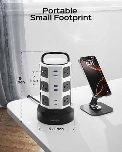 Power Strip Tower Surge Protector, JACKYLED 12 Outlets 6 USB (2 USB C) Charging Station, Extension Cord with Multiple Outlets, 1050J 1625W/13A Outlet Extender 6.5ft Extension Cord for Home Office 9