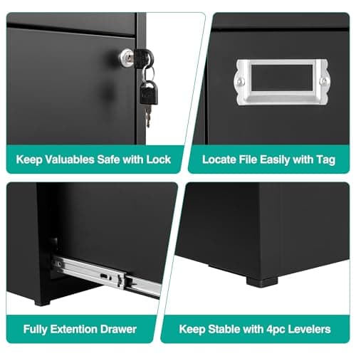SISESOL 2 Drawer File Cabinet with Lock,Narrow Vertical Filing Cabinet,Under Desk File Cabinets,Black Metal File Cabinets for Home Office,Fit Letter/A4/Legal Size File,Easy Assembly 5