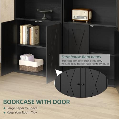 Shintenchi Bookshelf, Industrial Bookshelves and Bookcases with Doors Floor Standing 6 Shelf Display Storage Shelves 70.9 inches Tall Bookcase for Home Office, Living Room (Black) 6