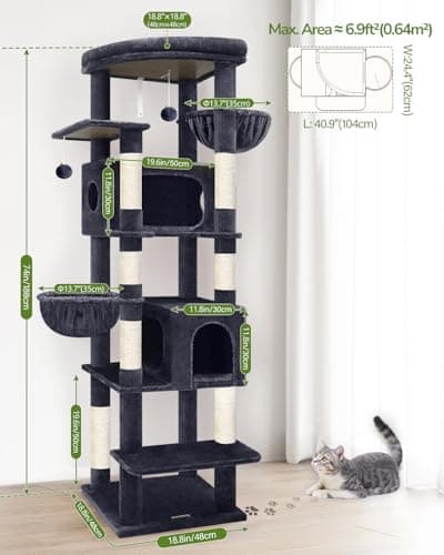 Globlazer Heavy Duty Cat Tree, 74in Sturdy Cat Tower for Large Cats Adult, Big Cat Tree with 7 Sisal Scratching Posts, 2 Padded Condos, 2 Dual-Ear Hanging Baskets, Enlarged Top Perch, S74, Dark Grey 6