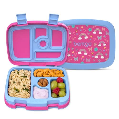Bentgo Kids Prints Leak-Proof, 5-Compartment Bento-Style Kids Lunch Box - Ideal Portion Sizes for Ages 3-7, Durable, Drop-Proof, Dishwasher Safe, & PFAS & BPA-Free Materials (Rainbows & Butterflies)