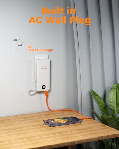 Portable Charger with Built in Cables,TESSAN 10000mAh Power Bank Fast Charging with Foldable Wall Plug Charger, PD20W Compact Battery Pack Travel Essentials for iPhone 17/16/15 Series,Samsung,Tablets 5