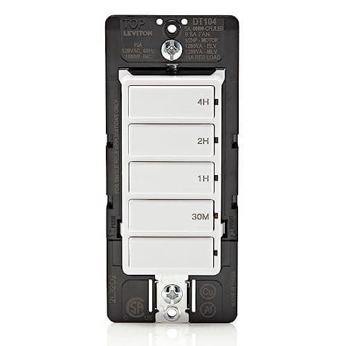 Leviton Countdown Timer Switch for household lights, heaters and exhaust fans, 30 min, 1-2-4 hour, No Neutral Wire Required, Single Pole, 15A, 1/2 HP/9.8A Fan/Motor, DT104-1LW, White