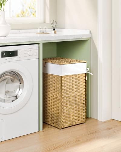 GREENSTELL Laundry Hamper with Lid, 60L Clothes Hamper with 2 Removable Liner Bags & 2 Mesh Laundry Bags, Handwoven Synthetic Rattan Laundry Basket for Clothes, Toys in Bathroom, Bedroom Natural 8