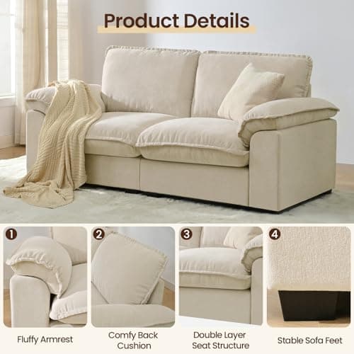 HALLYBEE 72" Cloud Couch Loveseat Sofa with Padded Armrests & Deep Seat Sofas for Living Room Apartment Office Chenille Fabric Beige 6