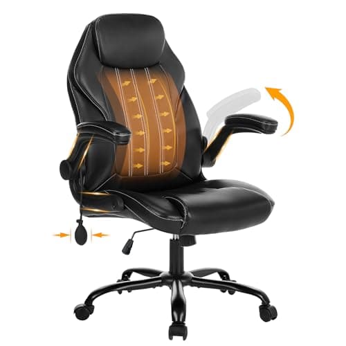 Office Desk Chair, Ergonomic Computer Chair with Padded Flip-Up Arms and Adjustable Lumbar Support, PU Leather Executive Chair with Tilt Lock and 360° Swivel Rolling Wheels for Work, Study