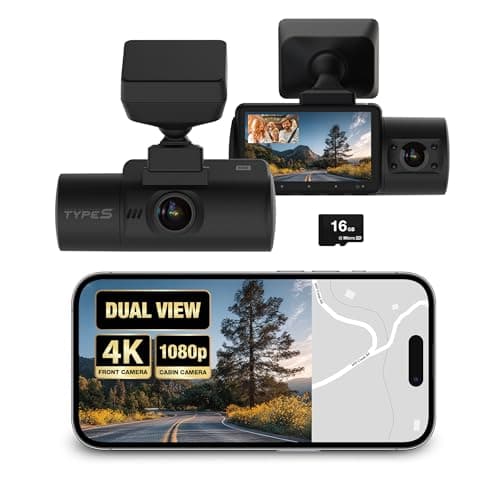 Type S S402 4K Dual View Car Dash Cam with 1080P Interior Surveillance Infrared Camera, Wireless Video Access via App Control, 24H Smart G-Sensor Monitoring, Night Vision, 16GB Memory Card Included