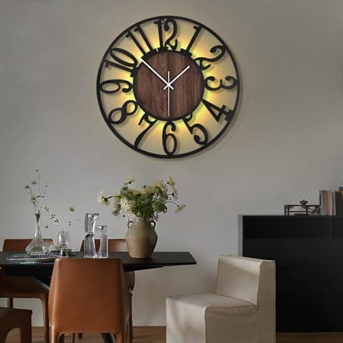LEIKE Large LED Wall Clocks,Silent,Non Ticking,Battery Operated Rustic Round Modern Big Wood Wall Clock for Living Room, Bedroom,Kitchen,Farmhouse,Office,Home Decor -24" Black,LED,Arabic Number 5