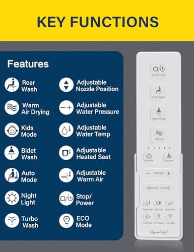 Aquonderful Bidet Toilet Seat, Smart Unlimited Warm Water, Electronic Heated Toilet Seat with Remote Control, Turbo Wash, Dryer, Rear and Front Wash, Slow Closes, Night Light, White 225 (Elongated) 8