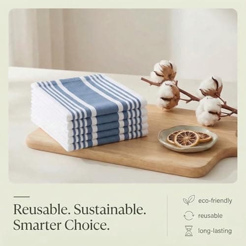 Urban Villa Kitchen Towels Blue White Striped 100% Cotton Set of 6, 20x30 Inch Oversized Dish Cloths, Highly Absorbent, Mitered Corners & Hanging Loop, Hand & Tea Towels, Dish Towels 8