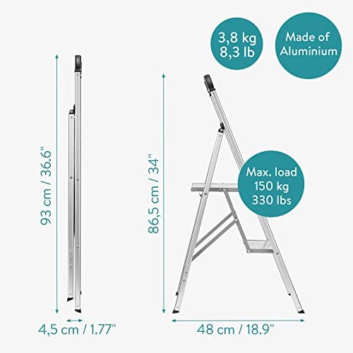 Navaris 2 Step Ladder - Aluminum Folding Step Stool for Adults - Slim Metal Step-Ladder with 2 Anti-Slip Steps & Rubberized Feet - Max Load 330 lbs 6