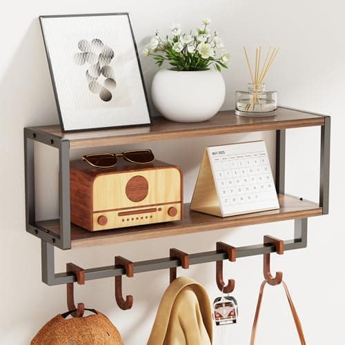 Orapoke Wall Shelf with Hooks, 2 Tier Coat Rack Wall Mount with Shelf for Entryway Farmhouse Living Room, 5 Wooden Decorative Wall Hooks for Hanging Coat Jackets Hats Towel Key (16.5")