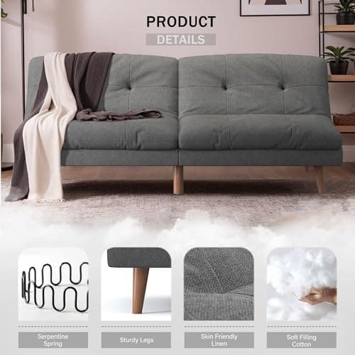 Flamaker Convertible Futon Sofa Bed Futon Couch with Adjustable Back Upholstered Sleeper Sofa Bed for Living Room Furniture (Fabric,Grey) 6