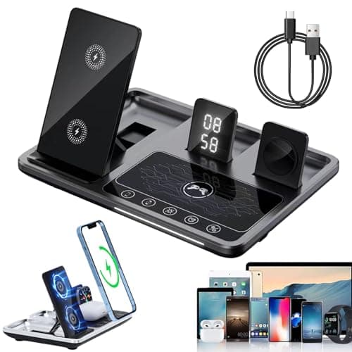 4 in 1 Alarm Clock Wireless Charger Stand, 4 in 1 Wireless Charging Dock, Wireless Charger with Alarm Clock, Wireless Chargers for Ipohne/Samsung/Android (Graphite)