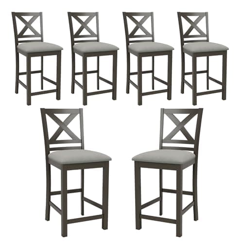 Upholstered Counter Height Bar Stools Set of 6, Modern Kitchen Island Barstools Chairs with Cross Back and Wood Legs for Dining Room Bar, Dark Grey