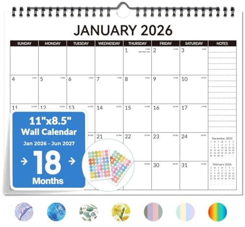 Forvencer 2026 Calendar, 18-Month Wall Calendar 2026, Jan 2026 to Jun 2027, 11" x 8.5" Monthly Planner Calendars with Note Pages & Stickers, Unruled Blocks, Spiral Binding Hanging for Home Office