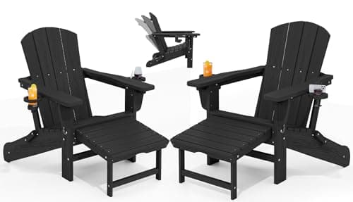 KINGYES Folding Adjustable Adirondack Chair with Retractable Ottoman Set of 2, HDPE Oversized Outdoor Chair with Cup Holder, Wood-Like Recliner Versatile Adirondack Chair, Black