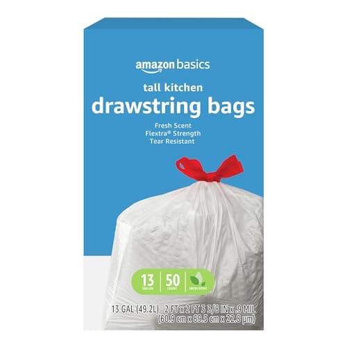 Amazon Basics Flextra Strength Tall Kitchen Drawstring Trash Bags, Fresh Scent, Tear Resistant, 13 Gallon, 50 Count