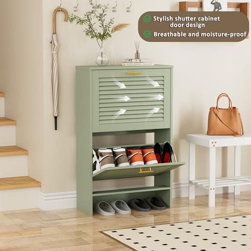 Glavbiku Shoe Storage Cabinet with 2 Flip Drawers, Louvered Shoe Cabinet for Entryway, Narrow Hidden Storage Organizer Space Saving, Shoe Rack Cabinet for Hallway Foyer, Green 6