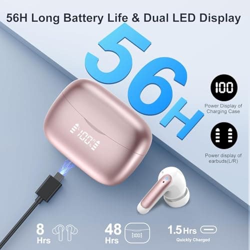 Wireless Earbuds, HiFi Stereo Bluetooth 5.3 Headphones Noise Canceling with 4 ENC Mic, 56H Playtime Wireless Earphones with LED Display, IP7 Waterproof In Ear Headphones, Ear Buds for Android iOS.Pink 5