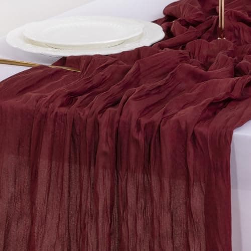 Socomi Burgundy Red Easter Spring Table Runner Cheesecloth Boho Rustic Gauze 120 inch 10FT Cheese Cloth Runner for Wedding Party Baby Shower Birthday Home Decor Holiday Decorations 6