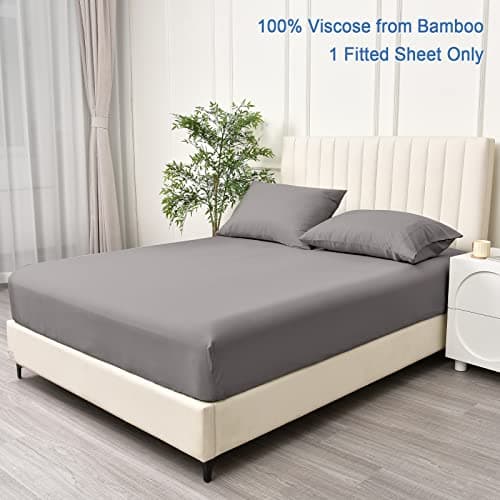 PHF 100% Rayon Derived from Bamboo Fitted Sheet Queen Size, 16" Deep Pocket,2.5cm Wider Strong Elastic Easy Fit, Breathable Silky Soft Skin-Friendly for Hot Sleeper,60"x 80", Grey, No Pillowcases 6