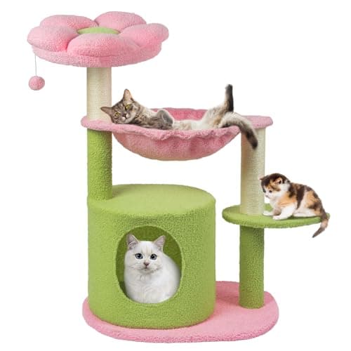 Fantasreen Cat Tree 33'' Cute Cat Tower Small Flower Cat Trees for Indoor Cat Condo with Hanging Toys Pink Large Top Perch for Kittens and Adults Cats