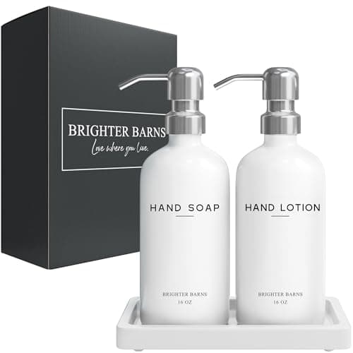 White Glass Soap and Lotion Dispenser Set by Brighter Barns - Bathroom Soap Dispenser Set Tray - Liquid Hand Soap Dispenser Pump - Modern Bathroom Accessories for Guest, Hotel, Spa, Restaurant (White) 8