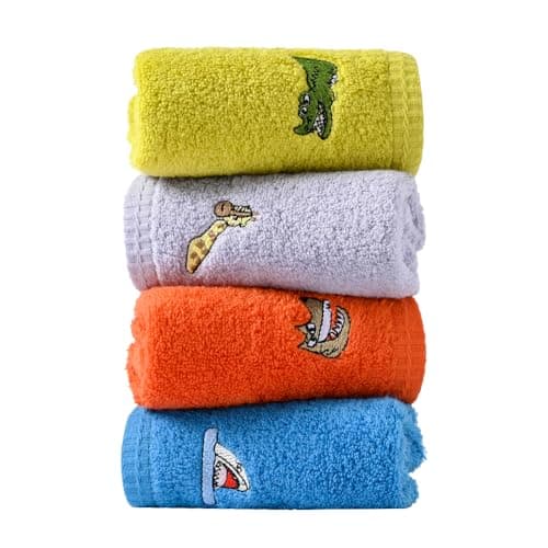 sense gnosis 100% Cotton Kids Facial Towels, Fingertip Towels for Bathroom Towel Set Animal Embroidered Children Towels & Baby Washcloths, 10 x 20 inches(4 Pack in 4 Color)