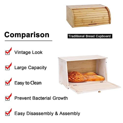 HOMEKOKO Vintage Large Wood Bread Box for Kitchen Counter, Retro Design Single Layer Bamboo Large Capacity Food Storage Bin (White) 6