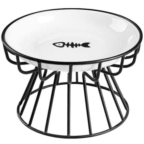 Wellbro Cat Bowls, Elevated Cat Bowl, Raised Ceramic Dish with Metal Stand, Pet Water or Food Feeding Station for Indoor Cats, Kitten, Puppies and Small Dogs, Dishwasher Safe