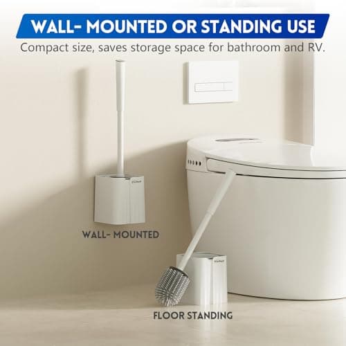 Toilet Brush and Holder Set, Silicone Toilet Bowl Brush, Bathroom Accessories, Durable Toilet Scrubber Bristles, Compact Size for RV, Wall Mountable, Drip-Proof, Deep Cleaning. (White) 6