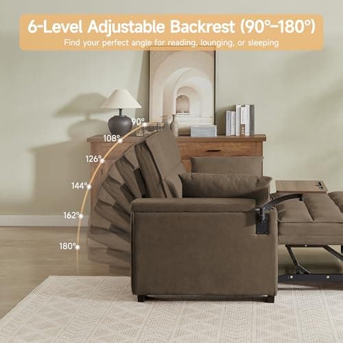 hansones 65'' 3-in-1 Folding Convertible Sofa Bed, Pullout Sofa, Modern Chenille Fabric, 360° Swivel Side Table, Easy Assembly, Perfect for Living Room(ZY-1107A-Brown) 8