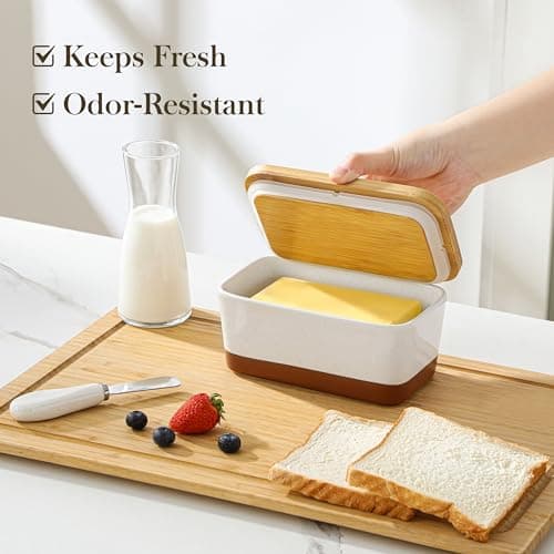 MALACASA Butter Dish with Lid, Large Butter Dish for Countertop, Ceramic Butter Keeper Container with Knife and Bamboo Lid, White, Series TARA 6