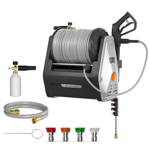 Giraffe Tools Grandfalls Retractable Wall Mount Pressure Washer Plus, Electric Power Washer with 100ft Pressure Hose, Max 2900PSI 2.2 GPM, Automatic Rewind, Any Length Lock, Light Silver