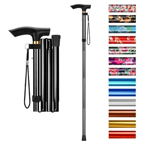 supregear Folding Cane, 5-Level Adjustable Height Walking Stick Lightweight Collapsible Portable Travel Cane with Wrist Strap and T Handle for Elderly Disabled Men Women, Black