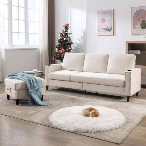 Siiejia Convertible Sectional Couches for Living Room, L-Shaped Couch 3 Seats Sofas with Storage Chaise & 2 Cup Holders, Small Sofa for Apartment, Compact Spaces, Beige 7