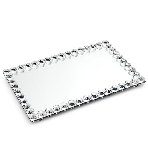 Rectangular Mirror Tray Crystal with Bead Diamond Shape Trim for Bathroom Vanity, Decorative Serving Tray for Coffee Table, Home Decor, Candles, Jewelry (9x6x1 in) 8